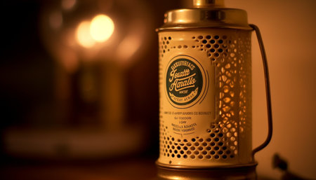 An old fashioned whiskey bottle illuminated by a glowing flame generated by artificial intelligenceの素材