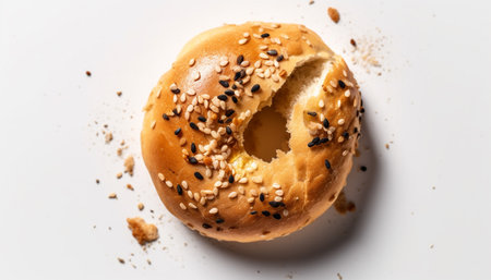 Freshly baked whole wheat bagel with sesame seed topping generated by artificial intelligenceの素材