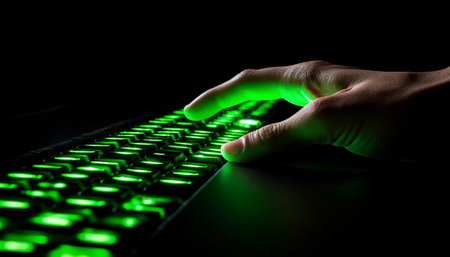 Businessman typing email on illuminated desktop computer in dark office generated by artificial intelligenceの素材