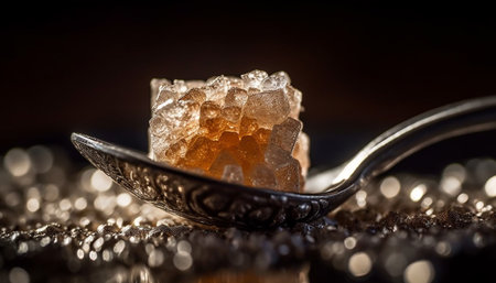 Shiny metallic spoon reflects yellow quartz in abstract still life generated by artificial intelligenceの素材