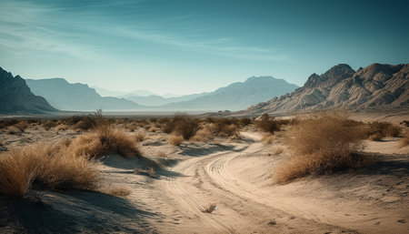 Tranquil sunset over arid sand dunes in remote African wilderness generated by artificial intelligenceの素材