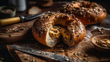 Freshly baked whole wheat bagel, a rustic gourmet snack generated by artificial intelligenceの素材