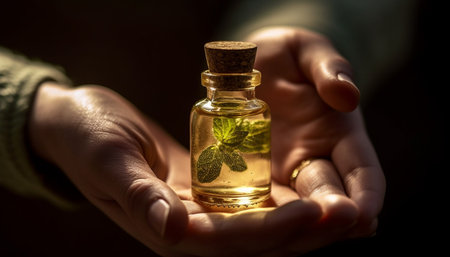 Organic herbal oil bottle for aromatherapy, a luxury spa treatment generated by artificial intelligenceの素材