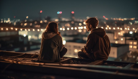 A young couple embraces, smiling, enjoying city life at dusk generated by artificial intelligenceの素材