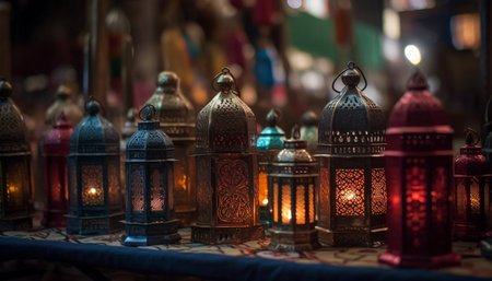 Ramadan lanterns illuminate the night with traditional Arabic style decoration generated by artificial intelligenceの素材