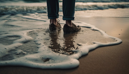Barefoot love standing at waters edge, enjoying summer sunset adventure generated by artificial intelligenceの素材