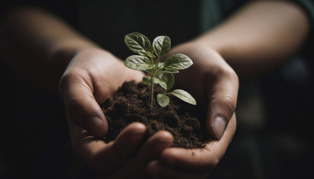 New growth begins with teamwork, holding fragile seedling in hand generated by artificial intelligenceの素材