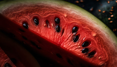 Juicy watermelon slice, a refreshing summer snack for healthy eating generated by artificial intelligenceの素材