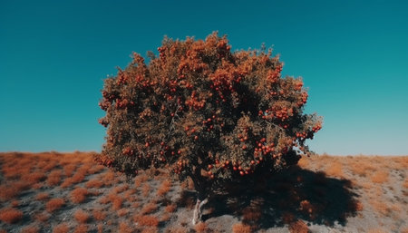 Sunset over the mountain, ripe fruit on bush, beauty in nature generated by artificial intelligenceの素材