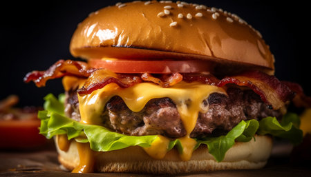 Grilled cheeseburger with fries, a classic American lunchtime snack generated by artificial intelligenceの素材
