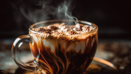 A gourmet coffee cup with frothy mocha and chocolate cream generated by artificial intelligenceの素材