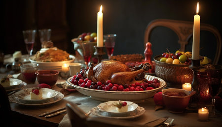 A gourmet autumn feast roast turkey, pumpkin pie, and candlelight generated by artificial intelligenceの素材
