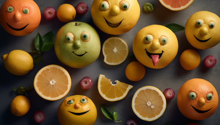 Smiling citrus characters bring fun and freshness to healthy eating generated by artificial intelligenceの素材