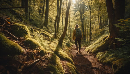 One person hiking on footpath, enjoying tranquil autumn landscape generated by artificial intelligenceの素材