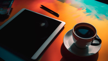 Digital tablet and coffee cup on modern desk for working generated by artificial intelligenceの素材