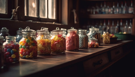 A colorful jar collection of sweet candy and fruity indulgence generated by artificial intelligenceの素材