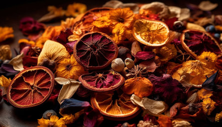 Aromatic potpourri of dried plants and spices for autumn decoration generated by artificial intelligenceの素材