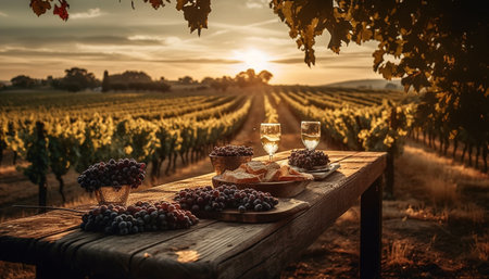 Sun kissed grapes harvested for organic winemaking, perfect for autumn picnics generated by artificial intelligenceの素材