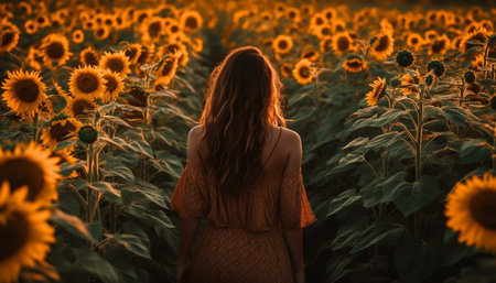 A young woman stands in a sunflower meadow at sunset generated by artificial intelligenceの素材
