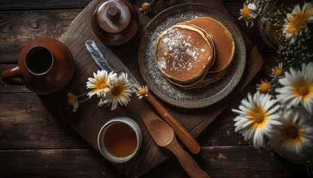 A rustic still life of organic berry snacks and coffee generated by artificial intelligenceの素材