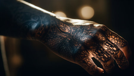 Indigenous elegance Henna tattooed hands hold gold wedding adornment generated by artificial intelligenceの素材