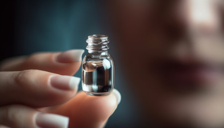 Manicured hand holding scented medicine bottle for aromatherapy relaxation generated by artificial intelligenceの素材