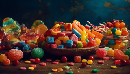 A colorful heap of sweet candy indulgence for a birthday celebration generated by artificial intelligenceの素材