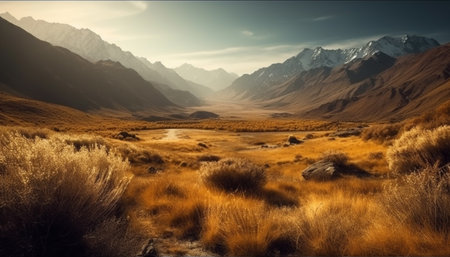 Tranquil sunset over majestic mountain range, a serene wilderness adventure generated by artificial intelligenceの素材