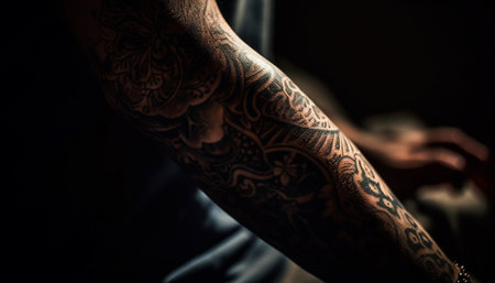 Creative tattoo design on human skin, showcasing individuality and elegance generated by artificial intelligenceの素材