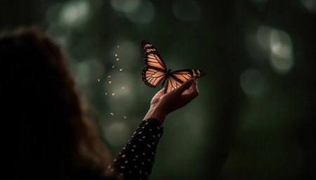 A young adult holding a vibrant butterfly in the forest generated by artificial intelligenceの素材