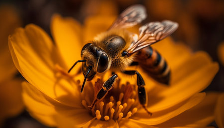 A busy honey bee collecting pollen from a vibrant daisy generated by artificial intelligenceの素材