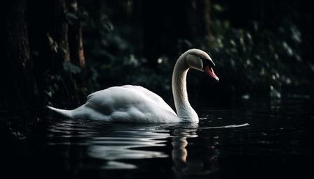 The elegant mute swan swims gracefully in tranquil blue waters generated by artificial intelligenceの素材