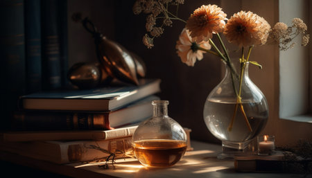 Rustic bookshelf decor with old fashioned vase and yellow flowers generated by artificial intelligenceの素材