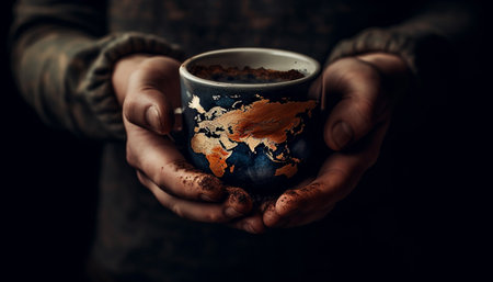 Hand holding hot coffee cup, close up of warmth and freshness generated by artificial intelligenceの素材