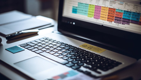 Modern businessman typing on laptop, analyzing chart for business success generated by artificial intelligenceの素材