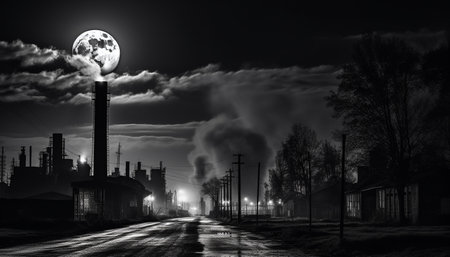 Smokestacks spew fumes, polluting air and damaging environment at night generated by artificial intelligenceの素材
