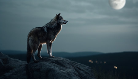 Majestic gray wolf standing in moonlit forest, howling at dusk generated by artificial intelligenceの素材