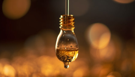 A glowing yellow wine bottle pours refreshment into a drinking glass generated by artificial intelligenceの素材