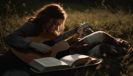 The guitarist enjoys playing his acoustic guitar in nature beauty generated by artificial intelligenceの素材
