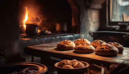 Homemade bread baked in a rustic kitchen with natural heat generated by artificial intelligenceの素材
