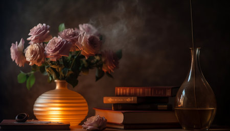 A rustic bouquet of fresh flowers on an old bookshelf generated by artificial intelligenceの素材