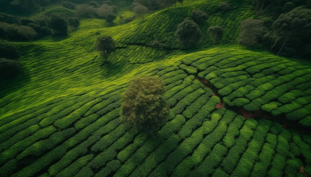 Organic tea crop thrives in tranquil Cameron Highlands landscape generated by artificial intelligenceの素材