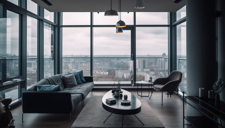 Modern office design with luxurious blue armchair and cityscape view generated by artificial intelligenceの素材