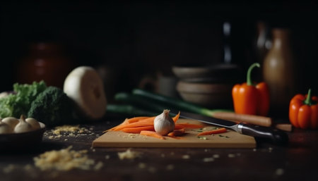 Preparing homemade salad with fresh vegetables and rustic kitchen utensils generated by artificial intelligenceの素材