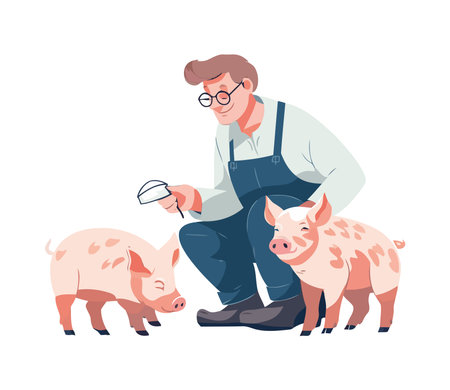 Smiling farmer cooks organic pork for mealのイラスト素材