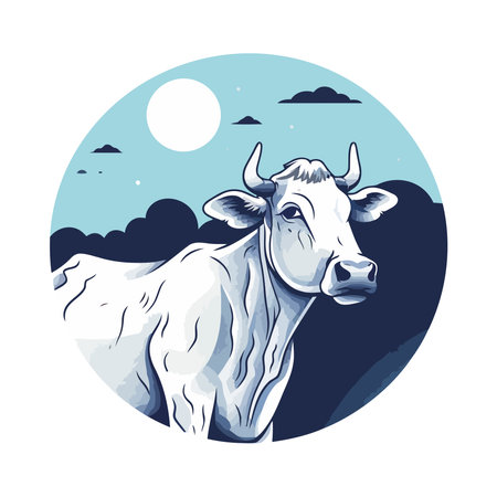 Cow grazing on mountain meadow backdropのイラスト素材