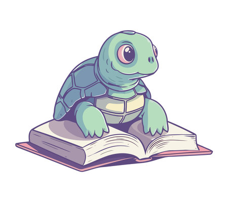 Cute turtle reading book, learning about natureのイラスト素材