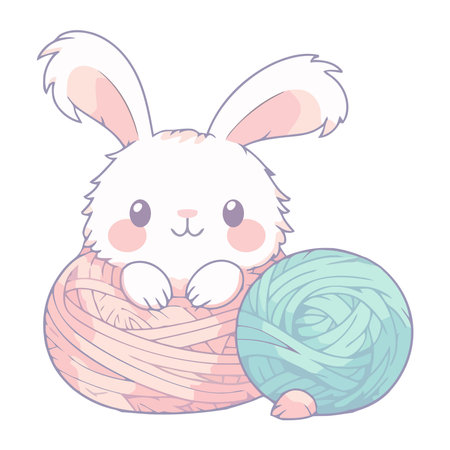 Fluffy baby rabbit in basket with wool ballのイラスト素材