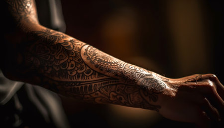 Confident young adult man with tattooed arm holding sports design generated by artificial intelligenceの素材