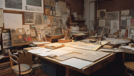 Creative carpenter expertly designs modern wood patterns in messy workshop generated by artificial intelligenceの素材